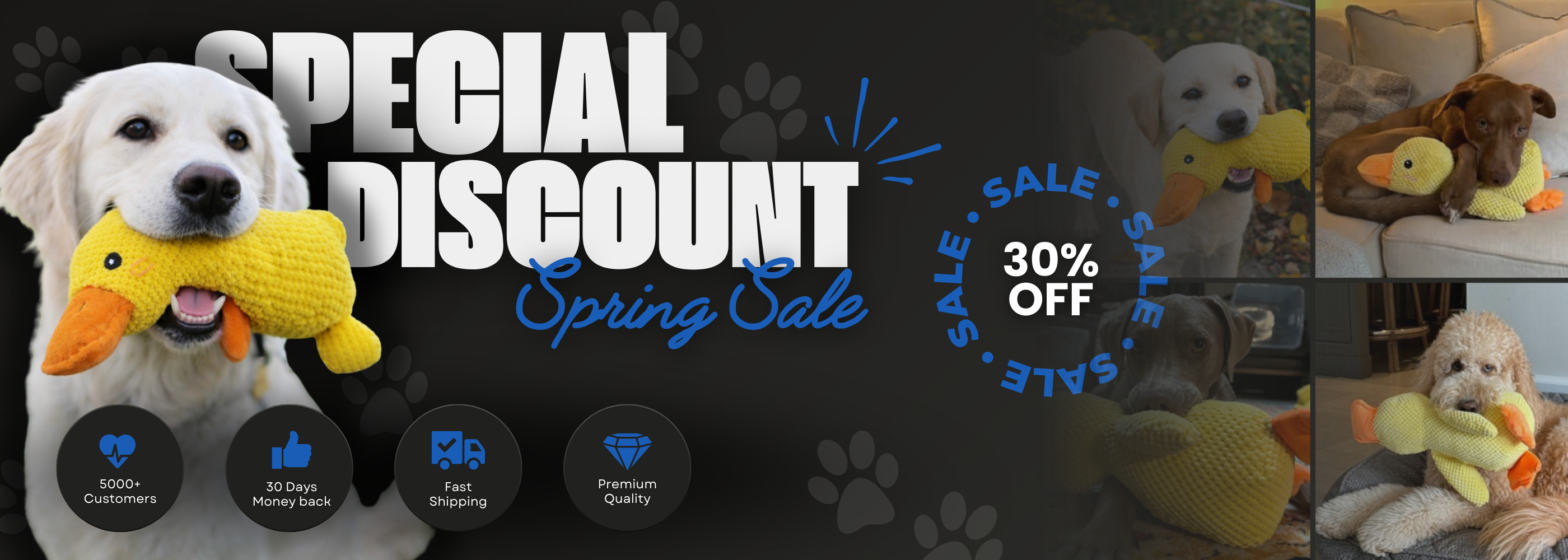 Happy dogs with a yellow duck plush dog toy, special discount spring sale, 30% off