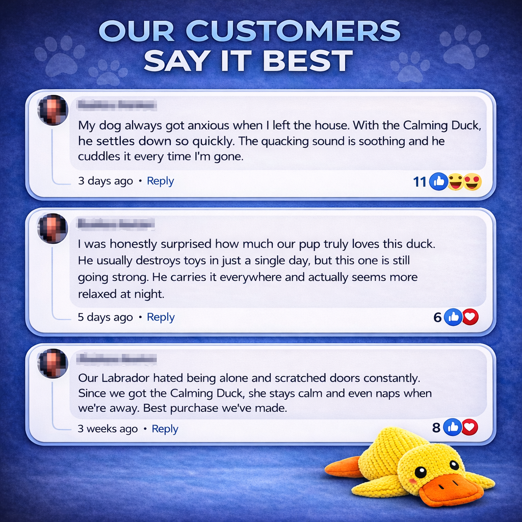 Customer reviews about a yellow plush calming duck dog toy for reducing pet anxiety.