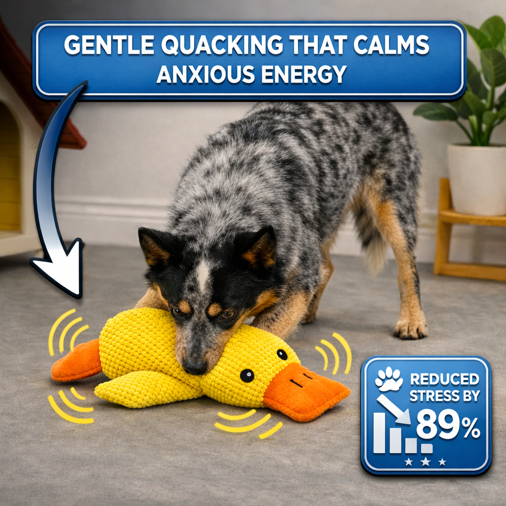 Dog playing with yellow duck plush toy for anxiety relief, text shows reduced stress by 89%